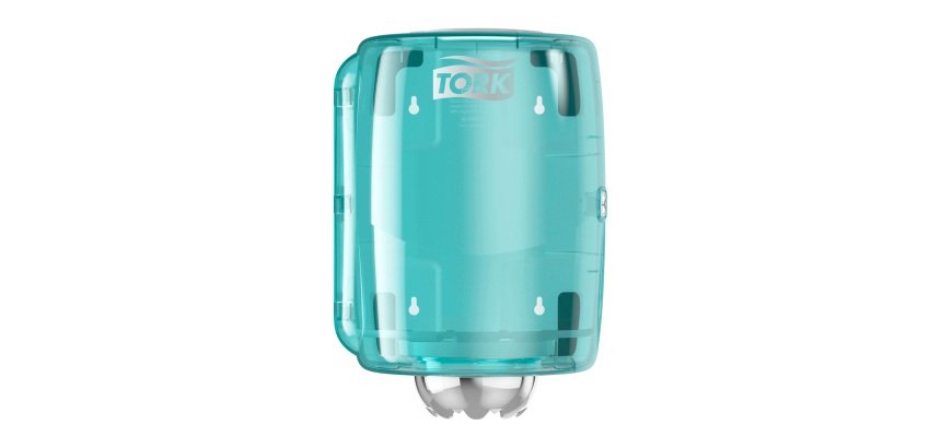 Distributeur Tork à dévidage central blanc et turquoise M2, design compact, gamme Performance