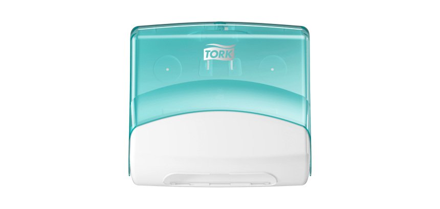 Distributeur Tork pour papiers/Chiffons Pliés Top-Pak blanc et turquoise W4, fixation murale, gamme Performance