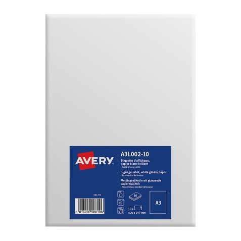 Etikette A3 weiß glänzend Avery A3L002-10 - 420 x 297 mm - Hülle von 10