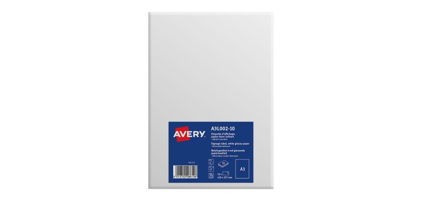 Etiquettes A3 blanc brillant Avery A3L002-10 - 420 x 297 mm - Pochette de 10
