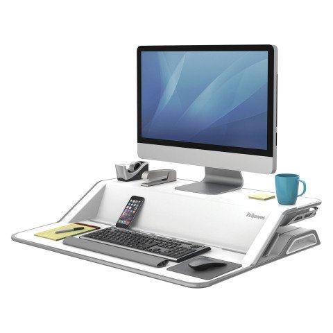Estación de trabajo ergonómica Fellowes Lotus Sit-Stand de color blanco