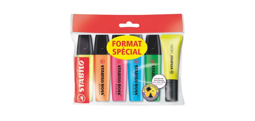Pack de 5 surligneurs Stabilo Boss assortis + 1 surligneur Néon jaune offert
