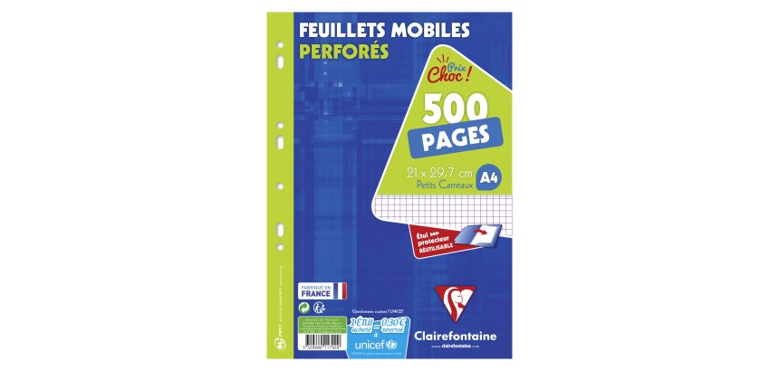 Feuillets mobiles A4 perforé 4 trous sous étui 90 g - 500 pages 5 x 5 mm