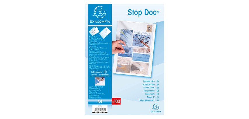 Etui carton de 100 pochettes coin Stop doc polypropylène lisse 11/100e - A4