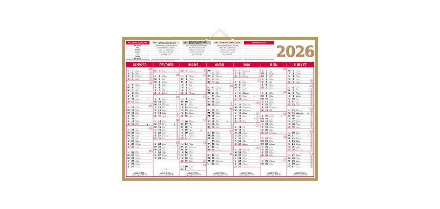 Calendrier semestriel mural 2026 - Or - 40,5 x 55 cm