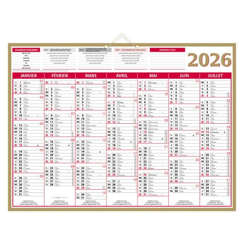 Calendrier semestriel mural 2026 - Or - 40,5 x 55 cm