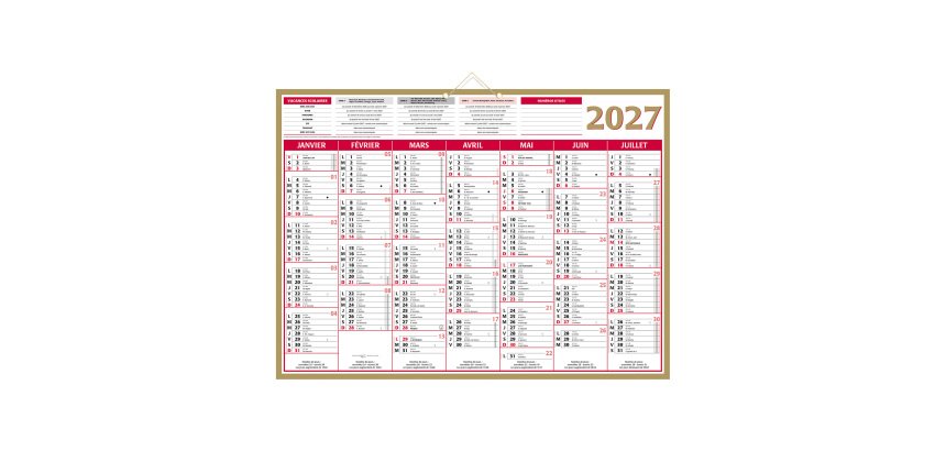 Calendrier semestriel mural 2027 - Or - 40,5 x 55 cm