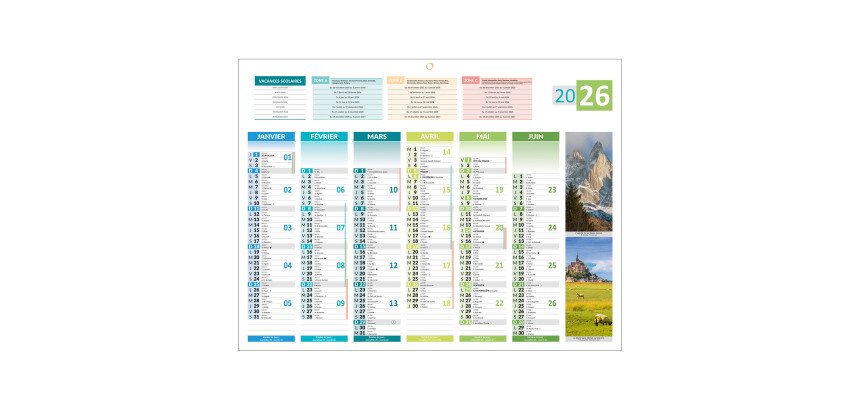 Calendrier semestriel mural 2026 - 4 saisons - 32 x 42 cm