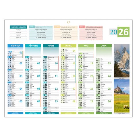 Calendrier semestriel mural 2026 - 4 saisons - 32 x 42 cm