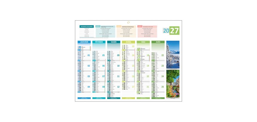 Calendrier semestriel mural 2027 - 4 saisons - 32 x 42 cm