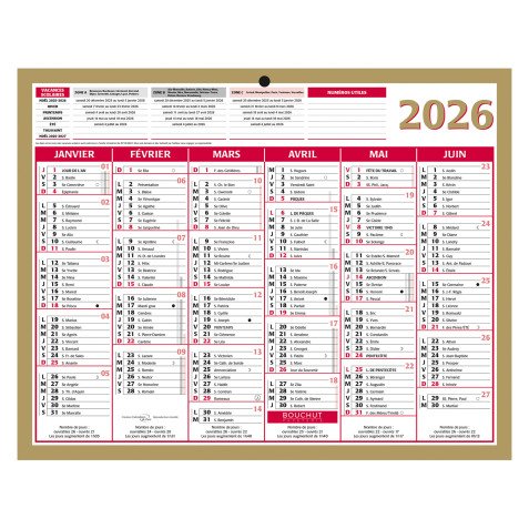 Calendrier semestriel mural 2026 - Or - 21 x 26,5 cm