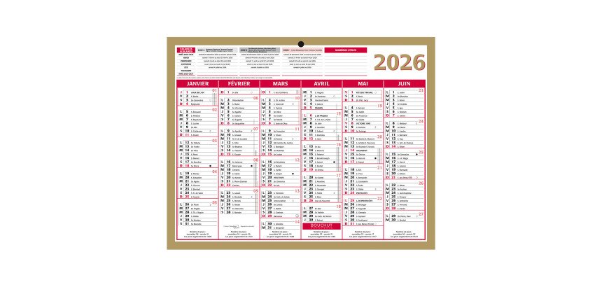 Calendrier semestriel mural 2026 - Or - 21 x 26,5 cm