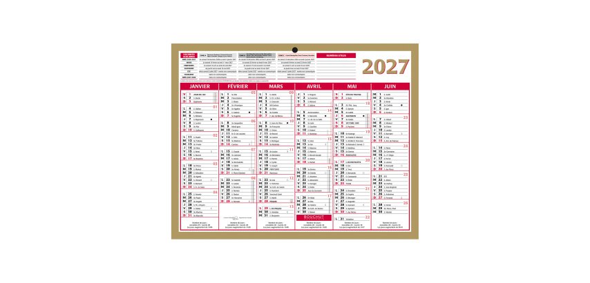 Calendrier semestriel mural 2027 - Or - 21 x 26,5 cm