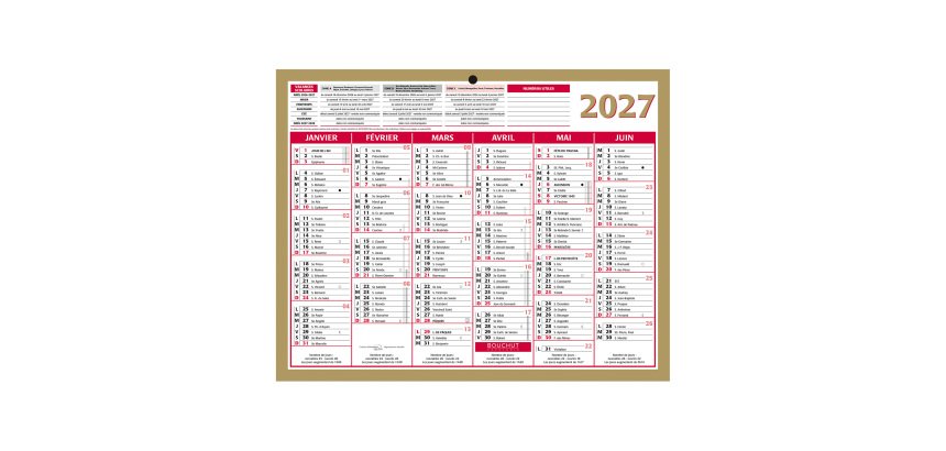 Calendrier semestriel mural 2027 - Or - 21 x 26,5 cm