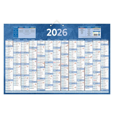 Calendrier annuel mural année 2026 - 13 mois recto / blanc verso - 43 x 65 cm