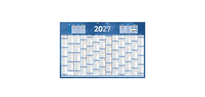 Calendrier annuel mural année 2027 - 13 mois recto / blanc verso - 43 x 65 cm