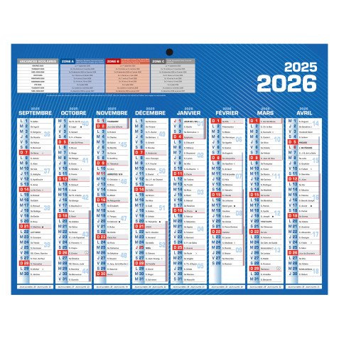 Calendrier semestriel mural année 2025 / 2026 - 16 mois - 21 x 26,5 cm