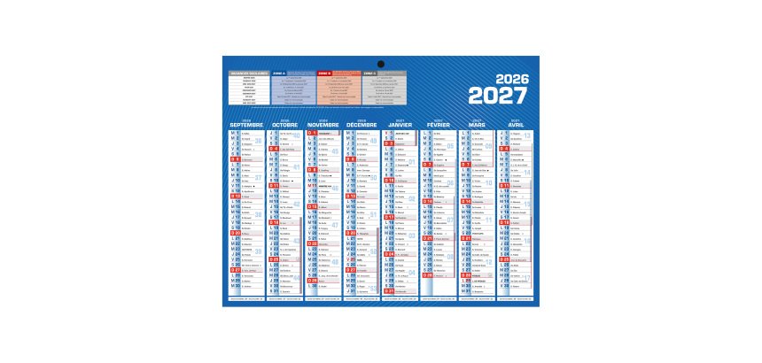 Calendrier semestriel mural année 2026/2027 - 16 mois - 21 x 26,5 cm