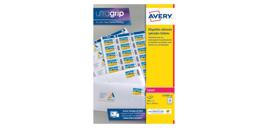 Etiquettes adresses laser 63,5 x 33,9 mm Avery L7159-10 - Boîte de 240 étiquettes personnalisables pour timbres