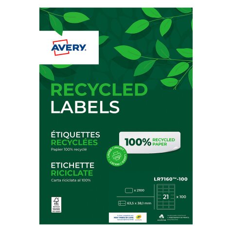 Box von 2100 recycleten Etiketten Weiß 63,5 x 38,1 mm Avery LR 7160