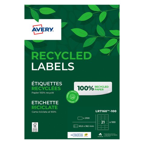 Etiquette adresse multi-usage recyclée 63,5 x 38,1 mm Avery LR 7160-100 blanche - Boîte de 2100