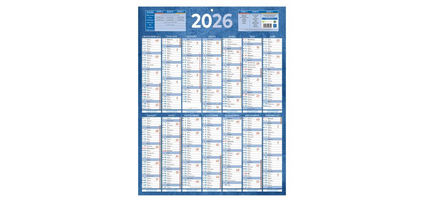 Calendrier annuel mural 2026 - 14 mois recto / blanc verso - 55 x 43 cm