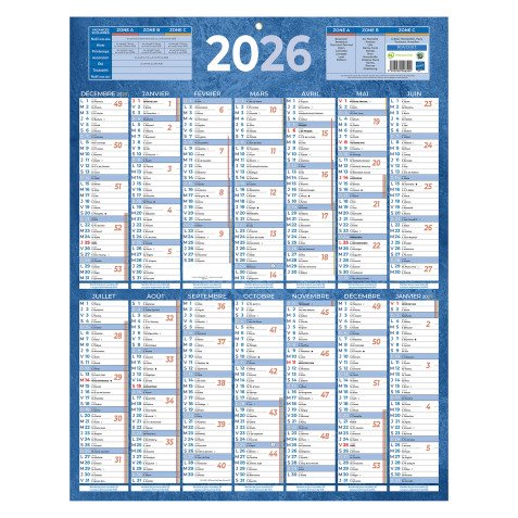 Calendrier annuel mural 2026 - 14 mois recto / blanc verso - 55 x 43 cm