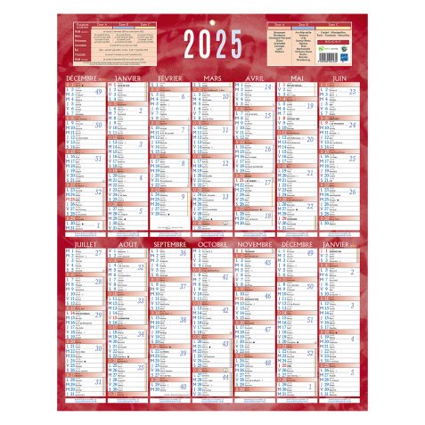 Calendrier annuel mural 2026 - 14 mois recto / blanc verso - 55 x 43 cm