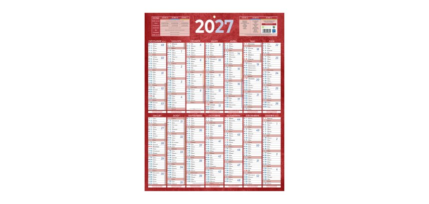 Calendrier annuel mural 2027 - 14 mois recto / blanc verso - 55 x 43 cm