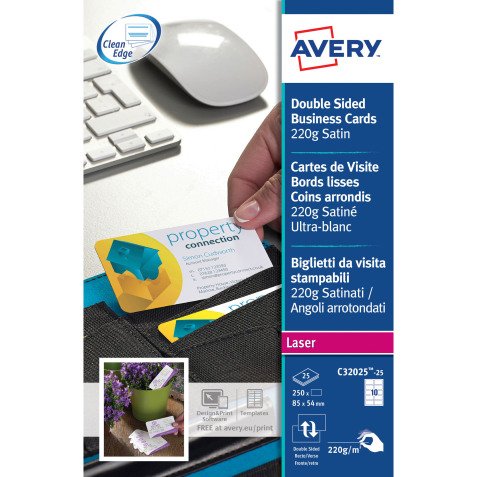Carte de visite Avery C32025 laser couleur format 85 x 54 mm blanche - 220gr- Pochette de 250