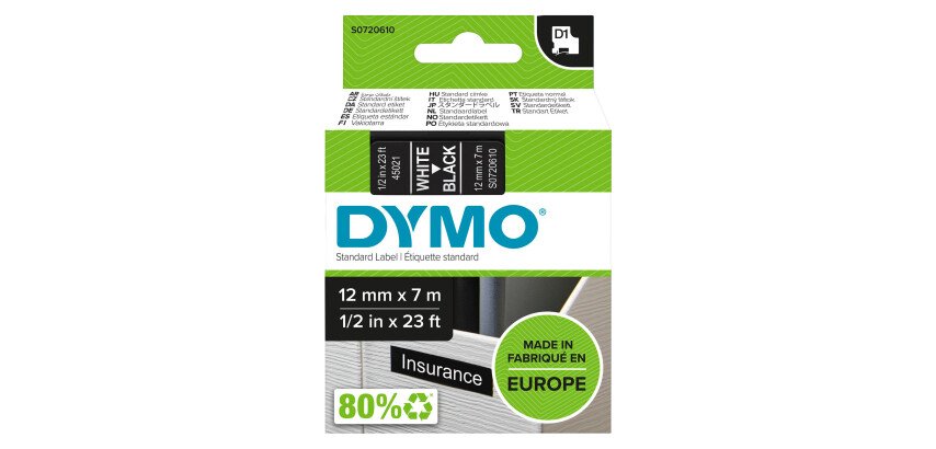 Cintas Dymo 12 mm x 7m escritura blanca, fondo negro. Dymo 45021