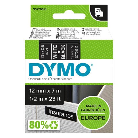 Cintas Dymo 12 mm x 7m escritura blanca, fondo negro. Dymo 45021
