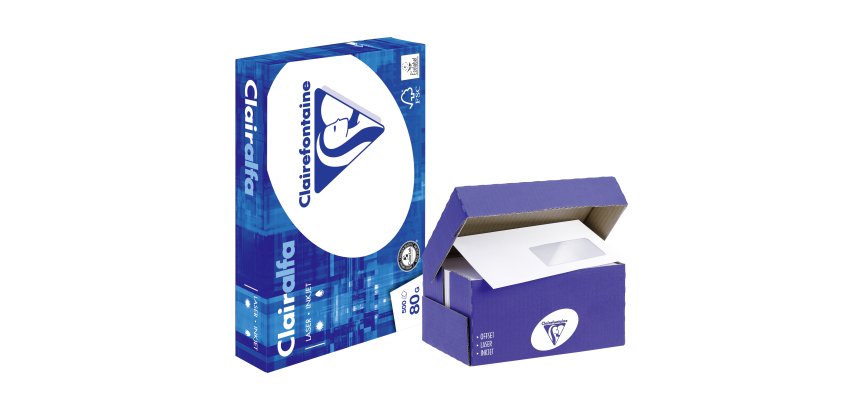 Pack 10 ramettes papier A4 80 g + 2 boîtes 250 enveloppes avec fenêtre 110 x 220 mm Clairalfa Clairefontaine