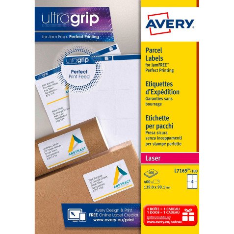 Etiquettes adresses laser 99,1 x 139 mm Avery L7169-100 - Boîte de 400