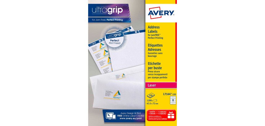 Etiquettes adresses laser 63,5 x 72 mm Avery L7164-100 - Boîte de 1200
