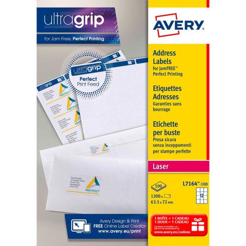 Etiqueta dirección láser 63,5 x 72 mm Avery L7164-100 blanca - Caja de 1200