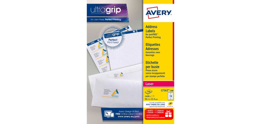 Étiquettes adresses laser 99,1 x 33,9 mm Avery L7162-100 - Boîte de 1600