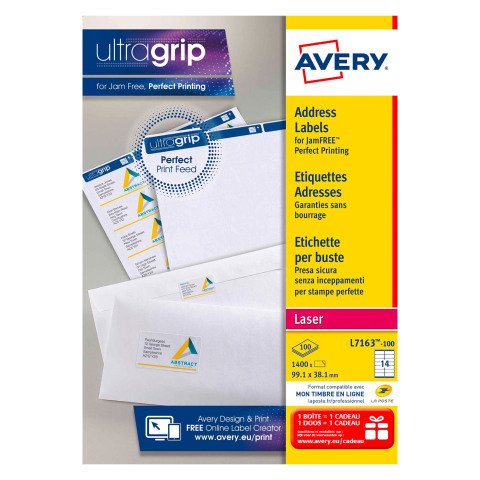 Etiqueta dirección láser 99,1 x 38,1 mm Avery L7163-100 blanca - Caja de 1400