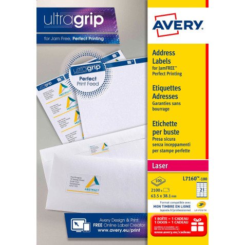 Etiqueta dirección láser 63,5 x 38,1 mm Avery L7160-100 blanca - Caja de 2100