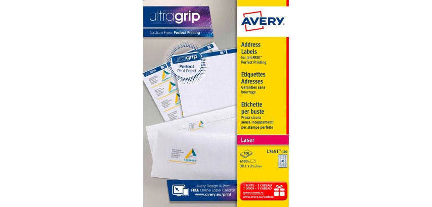 Etiquettes adresses laser 38,1 x 21,2 mm Avery L7651-100 - Boîte de 6500