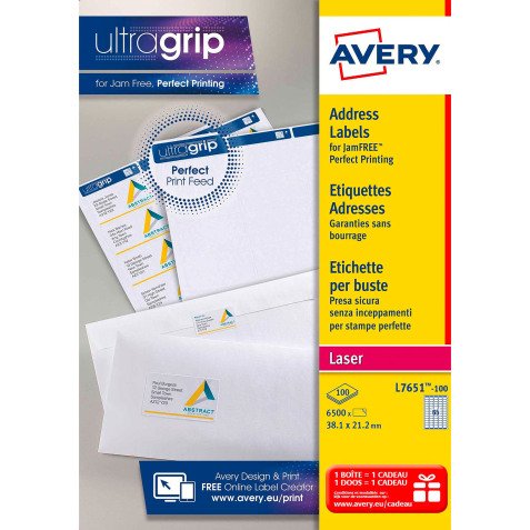 Etiquettes adresses laser 38,1 x 21,2 mm Avery L7651-100 - Boîte de 6500