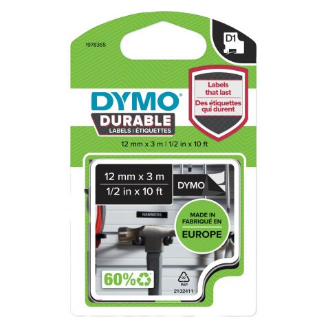 Duurzame plakband Dymo D1 12 mm - zwart met wit opschrift