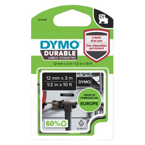 Cintas Dymo D1 DURABLE negro sobre blanco de 12 mm x 3m resistentes