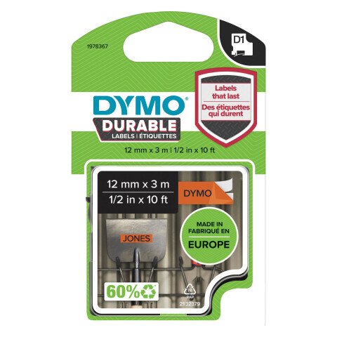 Cintas Dymo D1 DURABLE negro sobre naranja de 12 mm x 3m resistentes