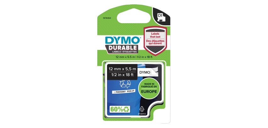 Rubans Dymo D1 12 mm Durable blanc écriture noire