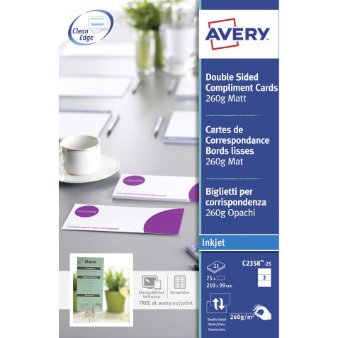 Doos 75 correspondentiekaartjes 99 x 210 mm  Avery Quick and Clean 260 g wit 