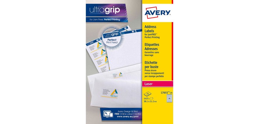 Etiqueta dirección láser 38,1 x 21,2 mm Avery L7651-25 blanca - Caja de 1625
