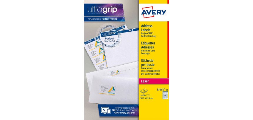 Etiquettes adresses laser 38,1 x 21,2 mm Avery L7651-100 - Boîte de 1625