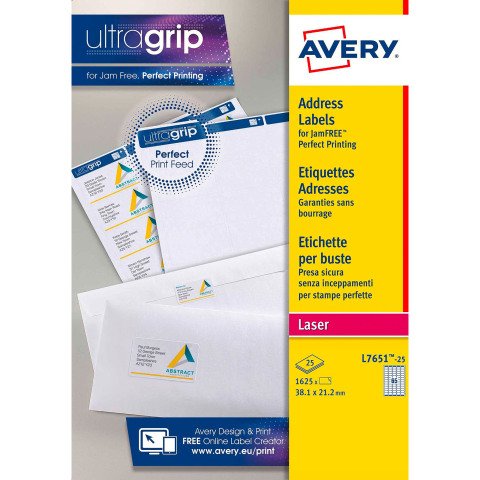 Etiqueta dirección láser 38,1 x 21,2 mm Avery L7651-25 blanca - Caja de 1625