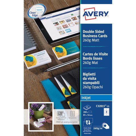 Pack of 200 business cards inkjet Avery Quick and Clean C32015 85 x 54 mm 260 g white